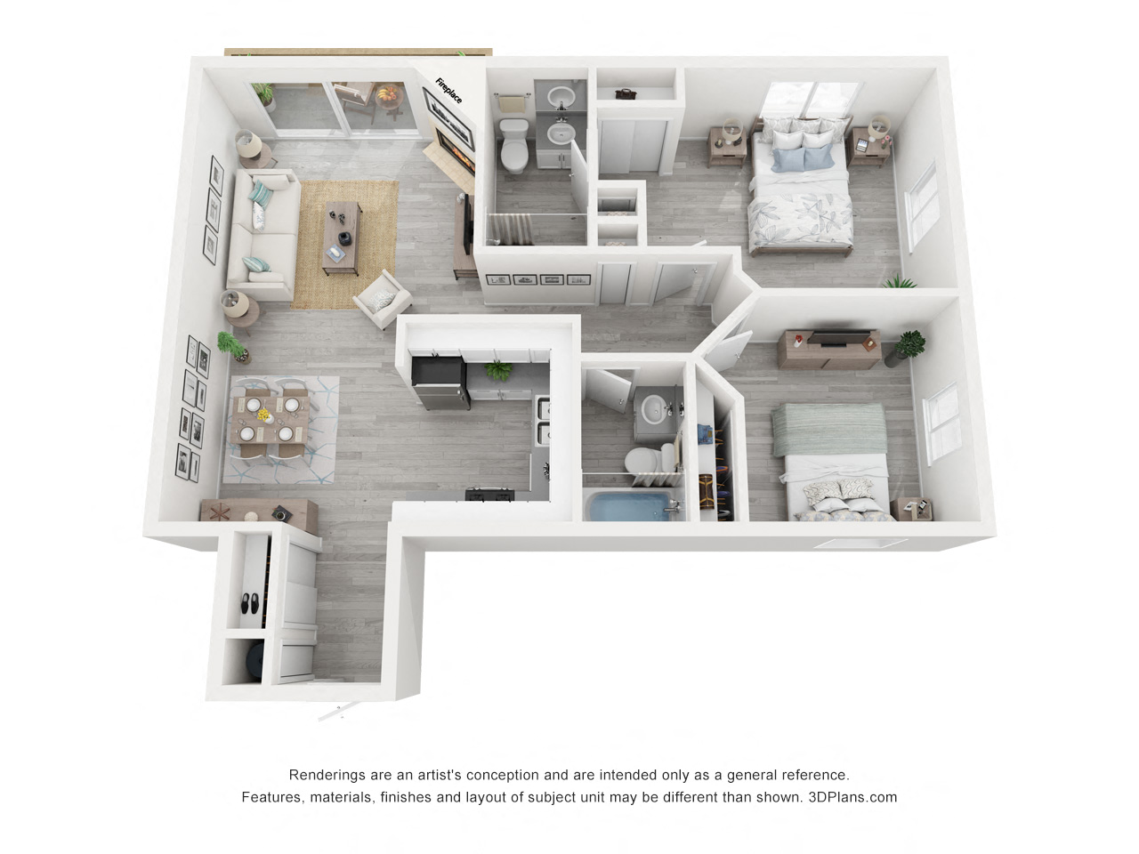 Floor plan for 2 beds, 2 baths, 990 sqft
